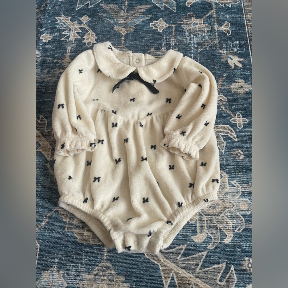 Cat & Jack Baby Romper Outfit with Black Bow Accents in cream color